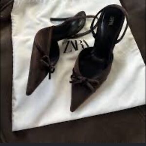 ZARA Dark Brown Pointed Toe Bow Slingback Heels
